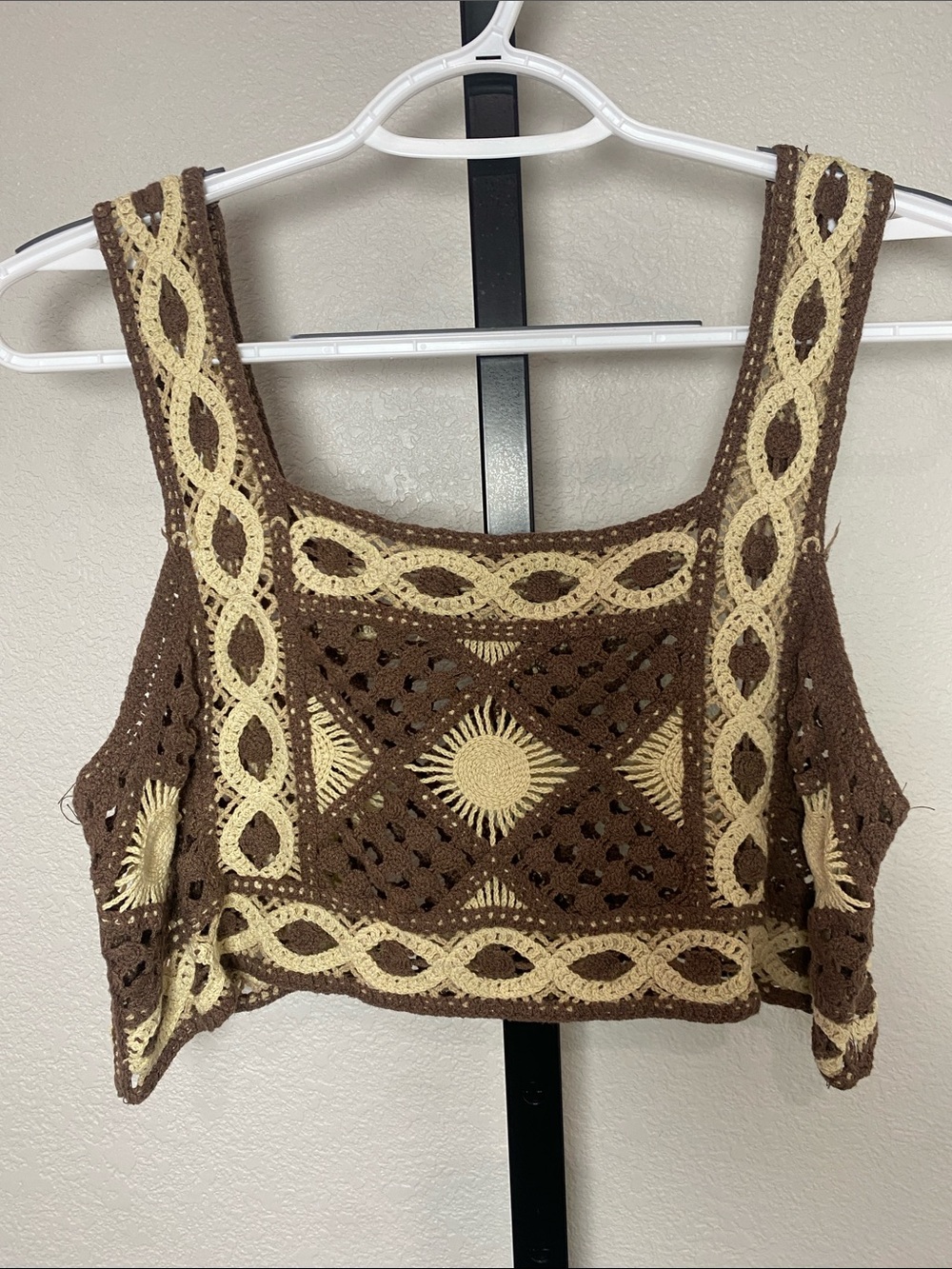 Brown & Cream Crochet Crop Camisole Top